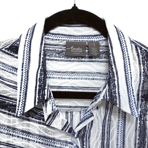 Chico's Travelers Collection Blue White Striped Button Semi-Sheer Shirt 1 - Picture 6 of 11